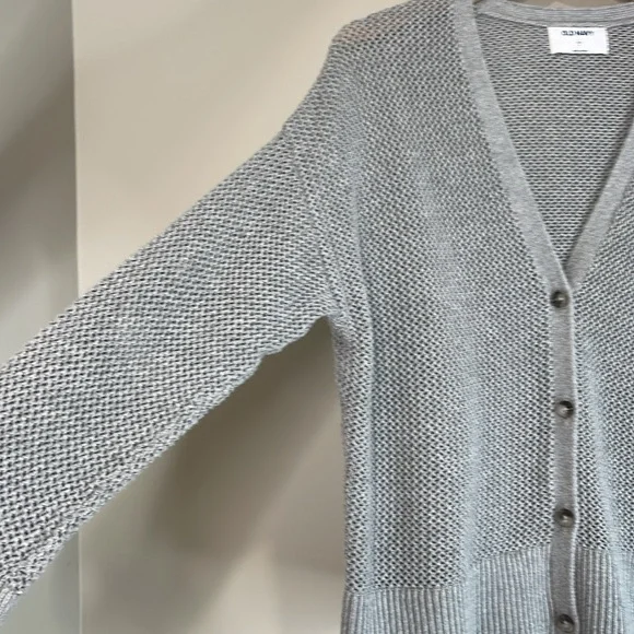 Old Navy Mesh Knit Cardigan Sweater Light Grey Cotton V-Neck Long Sleeve L - Picture 5 of 11